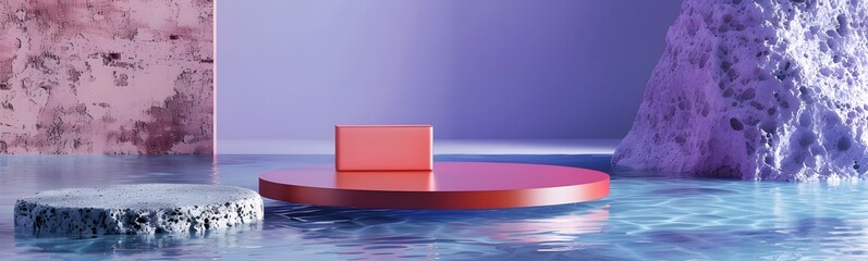 Background water podium product 3d cosmetic abstract platform blue beauty. Render background podium water scene red display set backdrop presentation purple wall floor stone stand object minimal. 