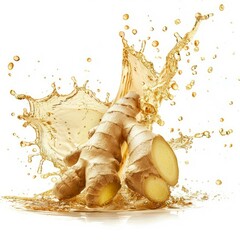 Poster - Fresh ginger root is splashing into juice creating a refreshing dynamic splash