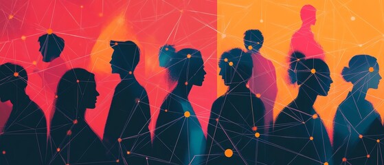 Fototapete - Stylized image of a network of people linked by lines, emphasizing the intricacy of collaboration in business, with a modern aesthetic and vibrant colors to capture attention