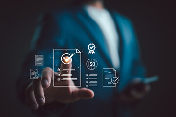 Poster - ISO standards quality control, assurance and warranty business technology concept. Showing on screen with ISO and document checklist icons, ISO Standard certification. Modern ISO banner.