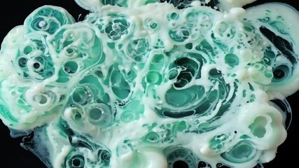 Poster - green and white paint are mixing on a black background, creating an abstract pattern with cells, swi