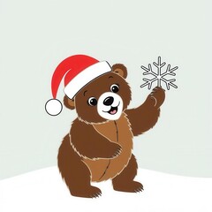 Wall Mural - Cute Cub in Santa Hat Holding Snowflake Illustration