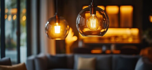 Poster - Two modern light bulbs hang in a modern living room with a blurred background.