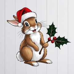 Wall Mural - Cheerful Rabbit in Santa Hat with Holly Sprig