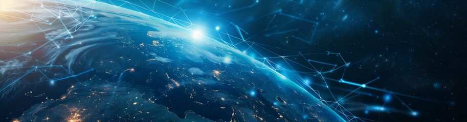 Aufkleber - A captivating view of the Earth from space, illuminated by vibrant lights and connected by advanced digital networks, symbolizing global connectivity, communication, and futuristic technology.