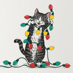 Wall Mural - Playful Cat Tangles in Christmas Lights Illustration