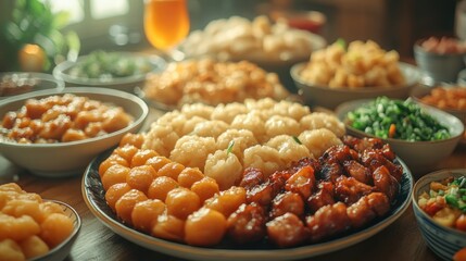 A table full of delicious traditional Chinese dishes, with a variety of meats, vegetables, and dumplings, perfect for a family gathering or celebration.