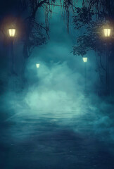 Poster - A dark, misty forest with two street lamps in the background