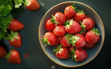 A vibrant topdown view of fresh strawberries, capturing their glossy texture and inviting appearance, ideal for culinary visuals