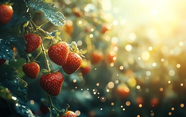 Artistic closeup of ripe strawberries nestled on the vine, drenched in warm sunlight, ideal for fruit photography with copy space