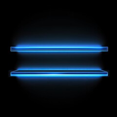 Two empty glass shelves with blue neon light on black background.