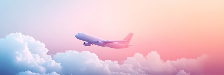 Poster - Airplane soaring high above fluffy clouds in a colorful sunset sky, promising a journey of freedom and exploration