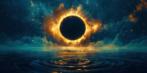 Wall Mural - A large orange circle is in the center of a body of water
