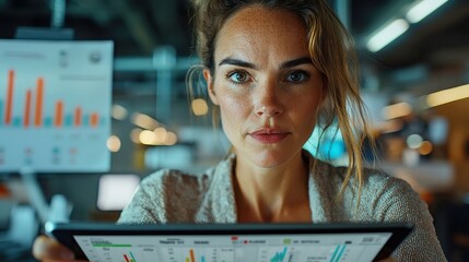 Poster - Female tech entrepreneur analyzing data on a tablet, focused expression, modern office setting, sleek design elements, ambient lighting, conveying innovation and determination