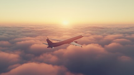 Poster - Soaring airplane leaves a trail during a stunning sunset, painting the clouds with vibrant hues of orange and yellow, evoking freedom and tranquility