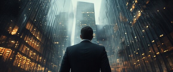 Poster - A businessman stands in the rain looking up at tall buildings in a city.