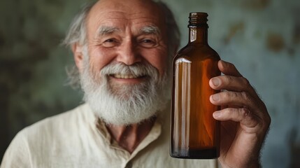 An elderly man with a beard proudly displays a simple oil bottle mockup, smiling warmly