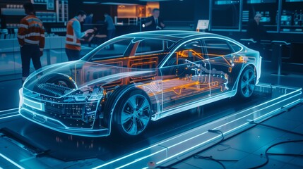 Aufkleber - picture a stateoftheart electric vehicle with a transparent exterior, exhibited in a modern lab with