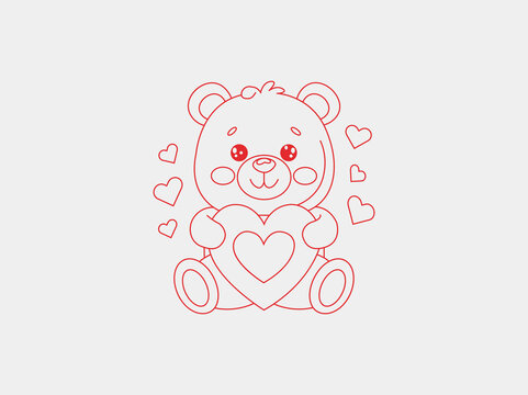 A cute teddy bear vector line art illustration featuring clean, minimalist lines. The bear has a loving expression, simple and versatile,