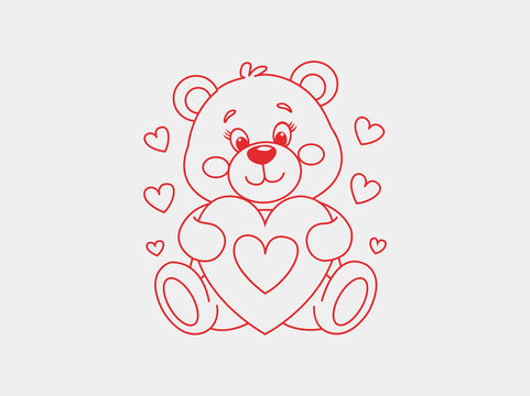 A cute teddy bear vector line art illustration featuring clean, minimalist lines. The bear has a loving expression, simple and versatile,