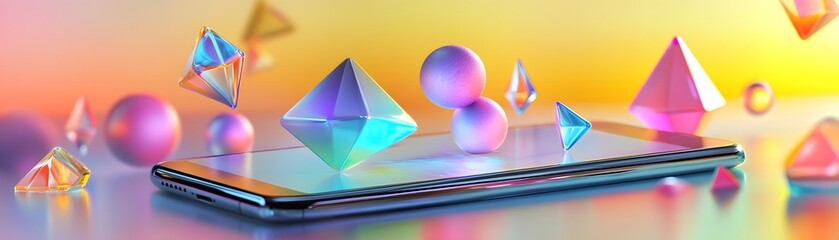 Poster - A Smartphone with Holographic Geometric Shapes and Spheres