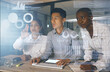 © peopleimages.com - Data, overlay and team of business people in office for problem solving system in future technology. Hologram, man and women working together in programming, code and online metrics at digital agency