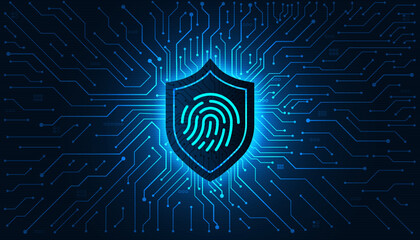 Poster - fingerprint on shield lock, cyber security vector background, shield lock in futuristic Concept of internet privacy and cyber protection, circuit board background.