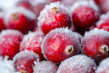 Poster - Cranberries glistening with frost in a winter landscape, showcasing their vibrant red color and seasonal harvest importance