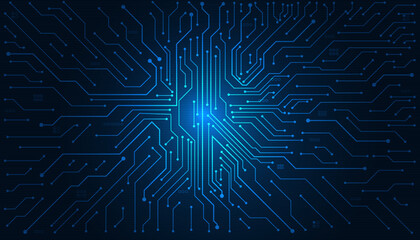 Poster - circuit board background. Technology connected blue lines with electronics elements on tech background