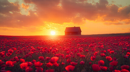 Poster - Bright red poppies blanket the field as the sun sets behind a quaint house, creating a peaceful and colorful landscape
