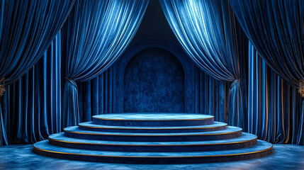 Poster - The striking blue stage features luxurious draping and a circular platform, creating an ideal backdrop for performances or events