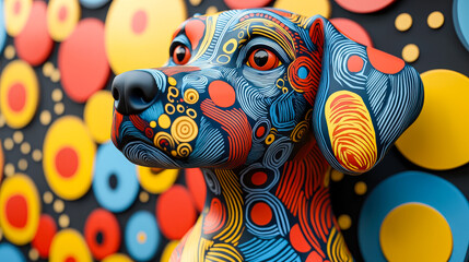 Fototapete - A colorful dog sculpture is positioned against a vivid polka-dot background in a contemporary art exhibit
