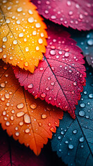 Poster - Vividly colored autumn leaves in shades of red, orange, and yellow covered with glistening water droplets after a rain shower