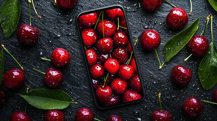 Poster - A smartphone displays cherries while fresh cherries and green leaves surround it on a dark surface