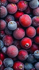 Poster - Bright red cranberries and dark blueberries are dusted with frost, capturing the beauty of winter and the freshness of seasonal fruits