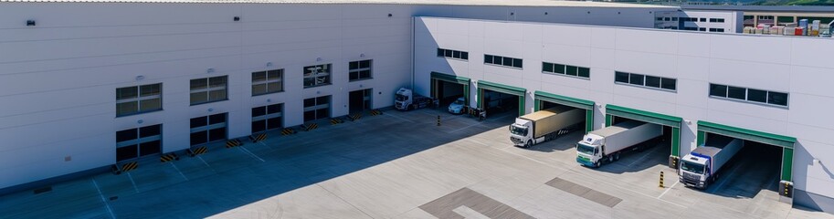 Poster - An aerial view of a modern logistics hub reveals loading docks, trucks, and efficient goods management for transportation, highlighting operational excellence in logistics operations
