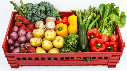 Poster - Brightly colored vegetables and fruits fill a red crate, featuring potatoes, peppers, kale, asparagus, strawberries, and more, highlighting healthy eating options