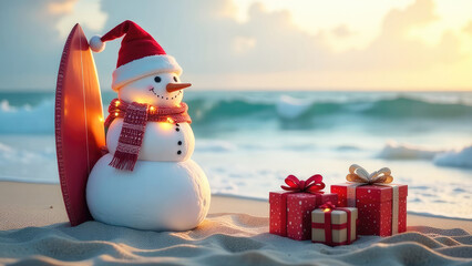 A festive snowman wearing a Santa hat and surfboard on a sandy beach and presents with the ocean as a backdrop. Winter vacation at sea, merry Christmas trip, seasonal offers