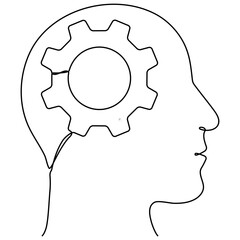 Poster - head with gear wheel inside. cogwheel continuous one line drawing. robot symbol. moving linear cog g