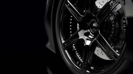 Sleek, black supercar alloy wheel; gleaming, polished rim; intricate design; dark background.  Pure automotive elegance.