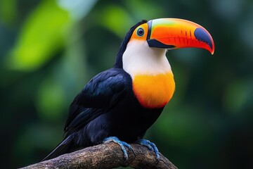 Wall Mural - Red-breasted toucan perched on a branch in lush green tropical rainforest