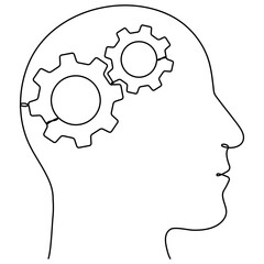Poster - head with gear wheel inside. cogwheel continuous one line drawing. robot symbol. moving linear cog g