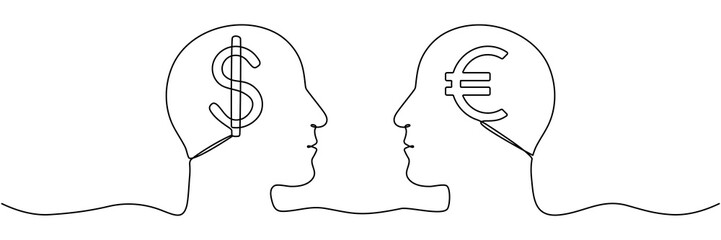 Wall Mural - Continuous line drawing heads with euro and dollar sign inside. Exchange money concept. Vector illustration isolated on white.