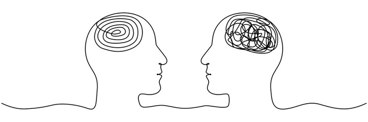 Poster - Two heads with chaos and order thoughts continuous line drawing. Mental health therapy concept. Vector illustration isolated on white background.