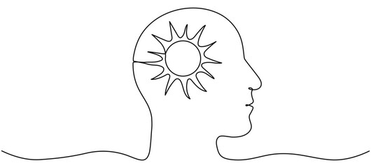 Poster - Continuous line drawing head with sun. Positive thinking concept. Vector illustration isolated on white.