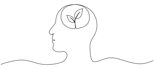 Poster - human head with leaves inside continuous line drawn. mental health concept. self care symbol. vector