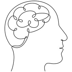 Poster - Head with brain continuous line drawn. Mental health concept. Vector illustration isolated on white.