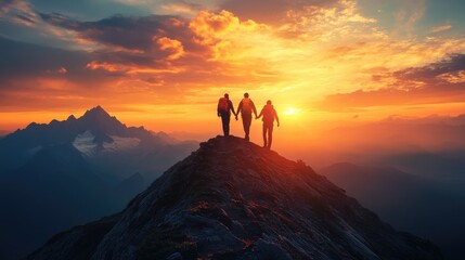 Wall Mural - Hikers holding hands on mountain peak at sunset