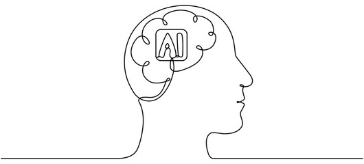 Poster - Linear robot head. Continuous line drawing head with technology brain. Vector illustration isolated on white.