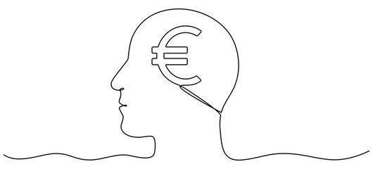 Poster - Continuous line drawing head with euro sign inside. Earn money mind concept. Vector illustration isolated on white.